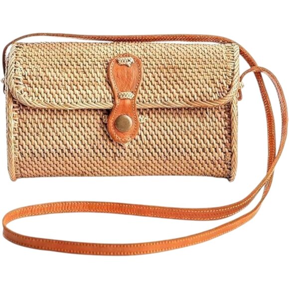 Handmade Woven Rattan Purse Small Oval Natural Leather Shoulder Bag